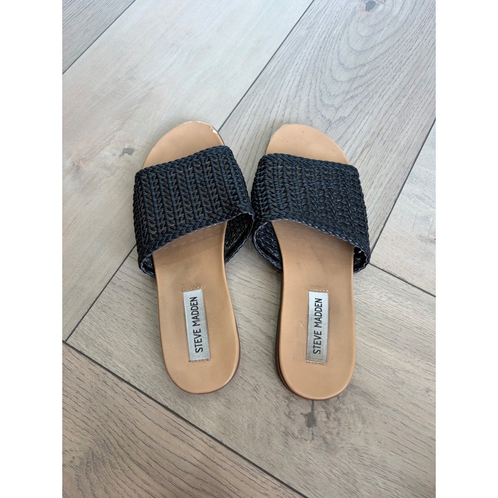 Steve Madden Black Woven Flat Slide Sandals Womens Size 7 Summer Slip On Shoes